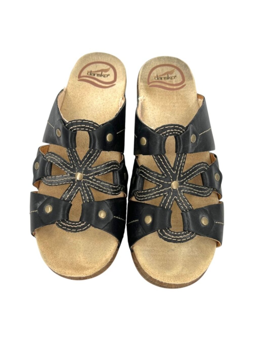 Dansko Serena Black Leather Slide Sandals Wedge Heel Open Toe Women’s Size 6.5-7